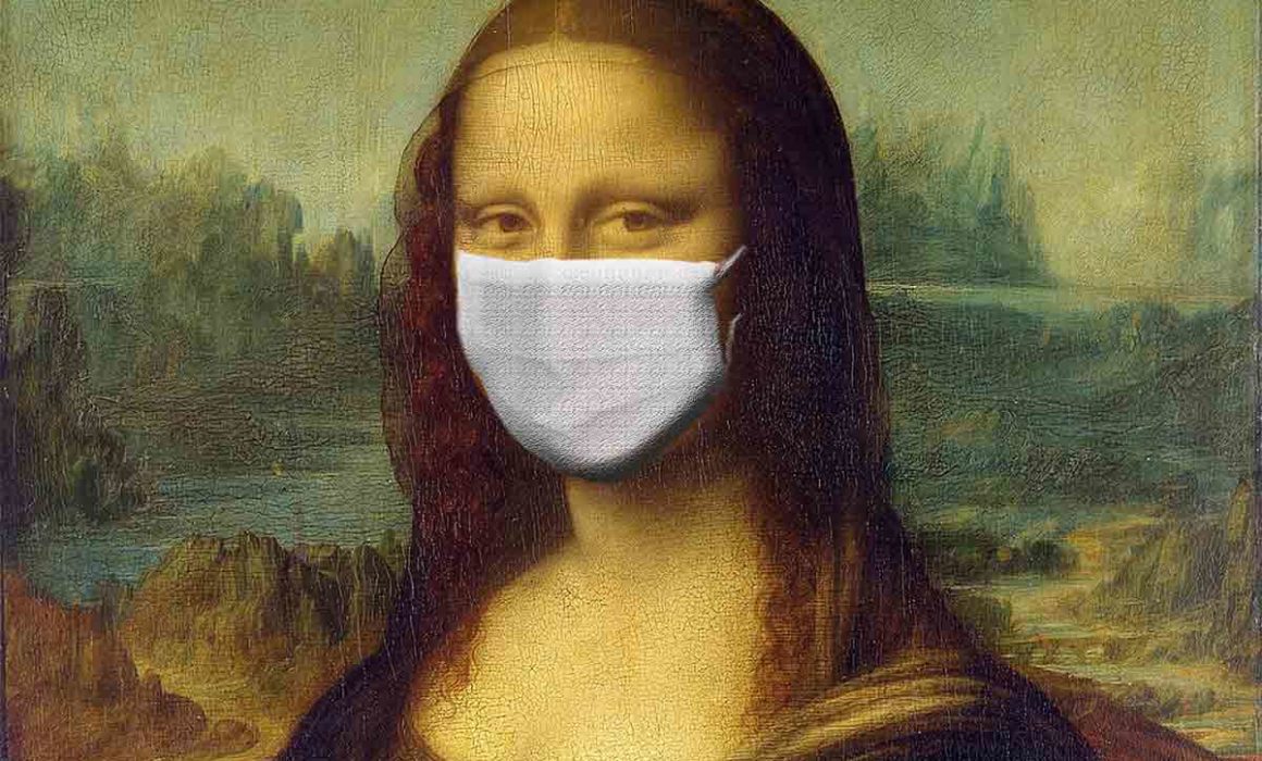 famous mona lisa painting photoshopped to put a mask on her face ppu